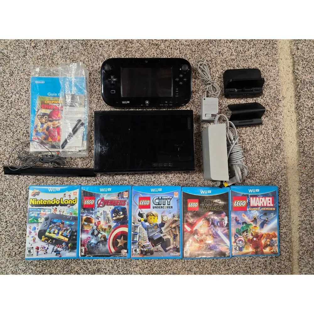 Nintendo Wii U 32GB Black Deluxe Console Bundle w/ GamePad, 5 Games, Cords